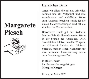 Traueranzeige von Margarete Piesch  von Magdeburger Volksstimme