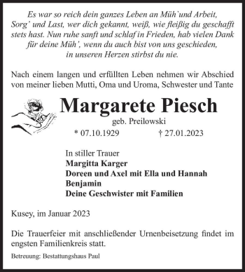 Traueranzeige von Margarete Piesch (geb. Preilowski)  von Magdeburger Volksstimme