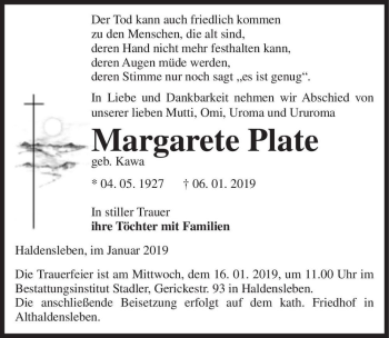 Traueranzeige von Margarete Plate (geb. Kawa)  von Magdeburger Volksstimme