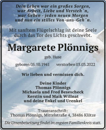 Traueranzeige von Margarete Plönnigs (geb. Huse)  von Magdeburger Volksstimme