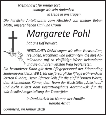 Traueranzeige von Margarete Pohl  von Magdeburger Volksstimme