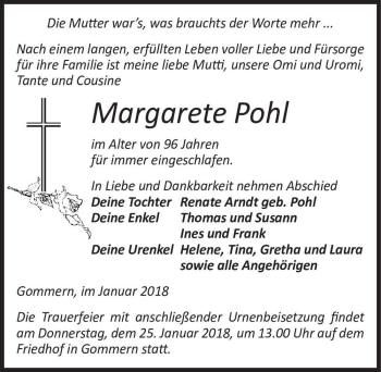 Traueranzeige von Margarete Pohl  von Magdeburger Volksstimme