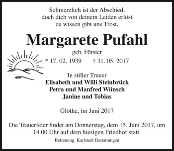 Traueranzeige von Margarete Pufahl (geb. Förster)  von Magdeburger Volksstimme