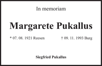 Traueranzeige von Margarete Pukallus  von Magdeburger Volksstimme