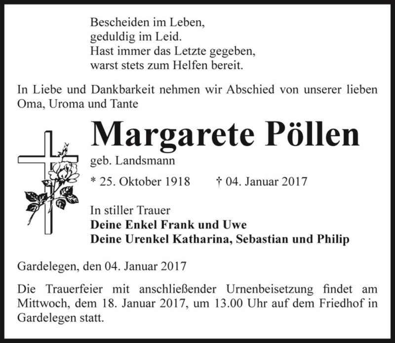  Traueranzeige für Margarete Pöllen (geb. Landsmann)  vom 10.01.2017 aus Magdeburger Volksstimme