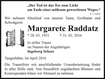 Traueranzeige von Margarete Raddatz  von Magdeburger Volksstimme