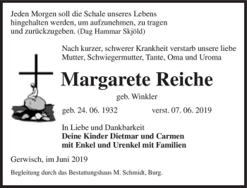 Traueranzeige von Margarete Reiche (geb. Winkler)  von Magdeburger Volksstimme