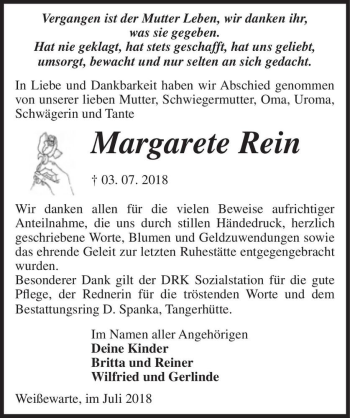 Traueranzeige von Margarete Rein  von Magdeburger Volksstimme