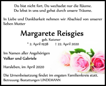 Traueranzeige von Margarete Reisgies (geb. Kutzner)  von Magdeburger Volksstimme