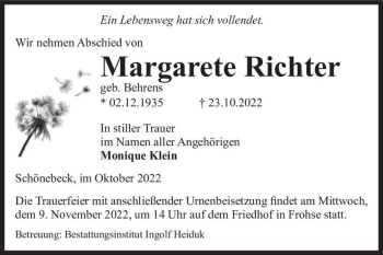 Traueranzeige von Margarete Richter (geb. Behrens)  von Magdeburger Volksstimme