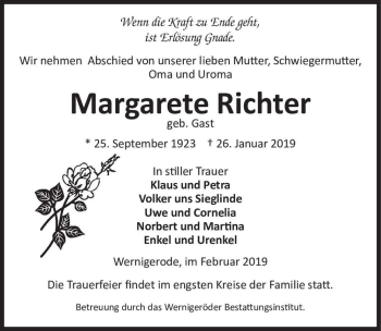 Traueranzeige von Margarete Richter (geb. Gast)  von Magdeburger Volksstimme