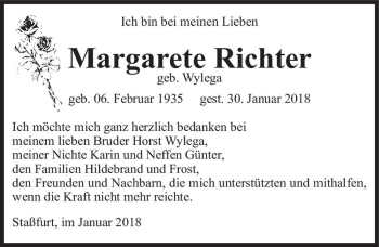 Traueranzeige von Margarete Richter (geb. Wylega)  von Magdeburger Volksstimme