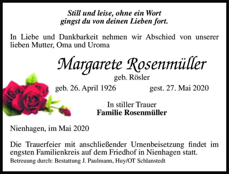  Traueranzeige für Margarete Rosenmüller (geb. Rösler)  vom 30.05.2020 aus Magdeburger Volksstimme