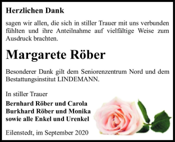 Traueranzeige von Margarete Röber  von Magdeburger Volksstimme