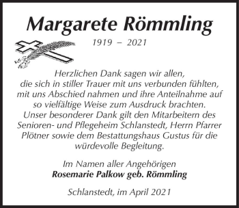Traueranzeige von Margarete Römmling  von Magdeburger Volksstimme