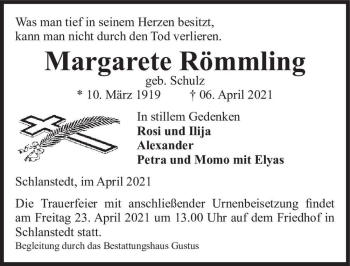 Traueranzeige von Margarete Römmling (geb. Schulz)  von Magdeburger Volksstimme