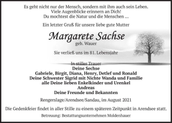 Traueranzeige von Margarete Sachse (geb. Wauer)  von Magdeburger Volksstimme