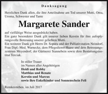 Traueranzeige von Margarete Sander  von Magdeburger Volksstimme