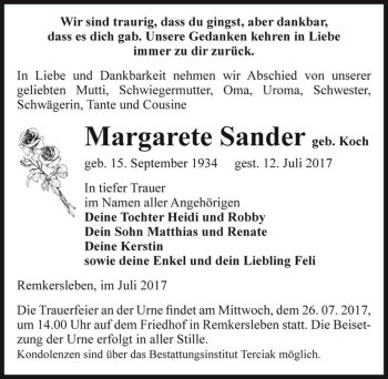 Traueranzeige von Margarete Sander (geb. Koch)  von Magdeburger Volksstimme