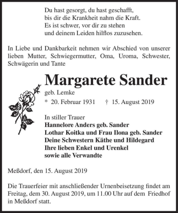 Traueranzeige von Margarete Sander (geb. Lemke)  von Magdeburger Volksstimme