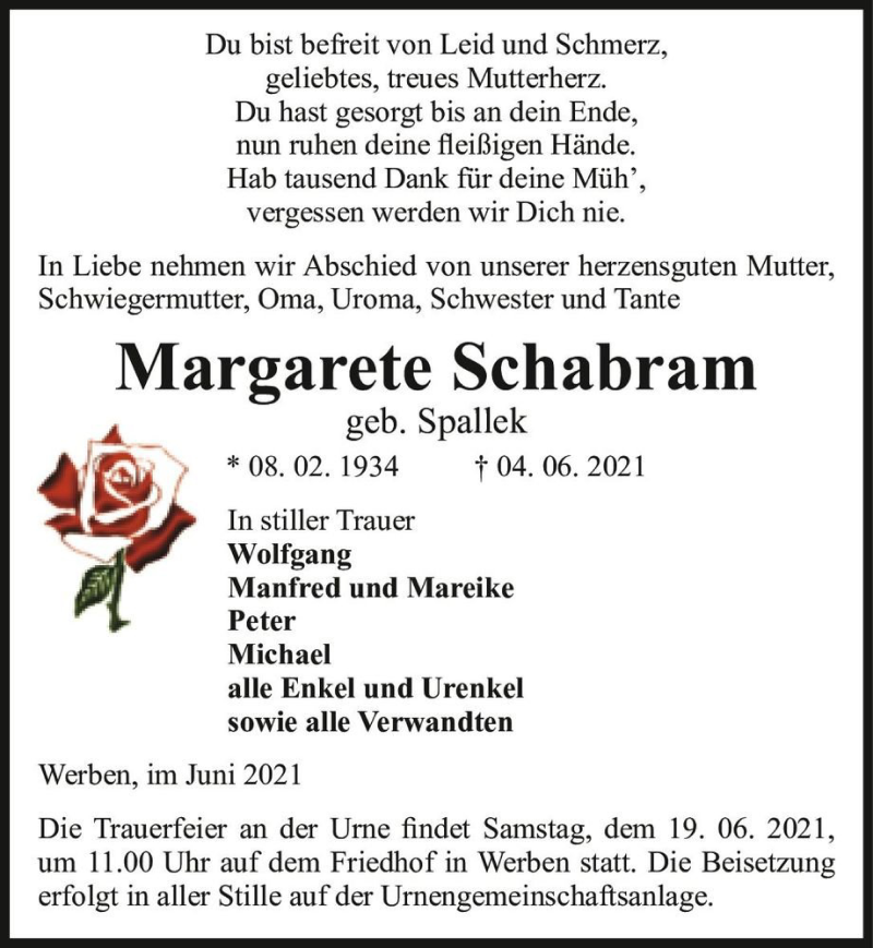  Traueranzeige für Margarete Schabram (geb. Spallek)  vom 12.06.2021 aus Magdeburger Volksstimme