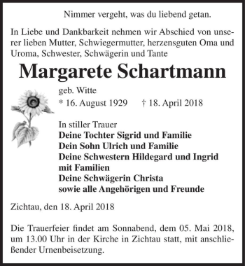 Traueranzeige von Margarete Schartmann (geb. Witte)  von Magdeburger Volksstimme