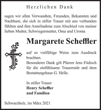 Traueranzeige von Margarete Scheffler  von Magdeburger Volksstimme