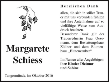 Traueranzeige von Margarete Schiess  von Magdeburger Volksstimme