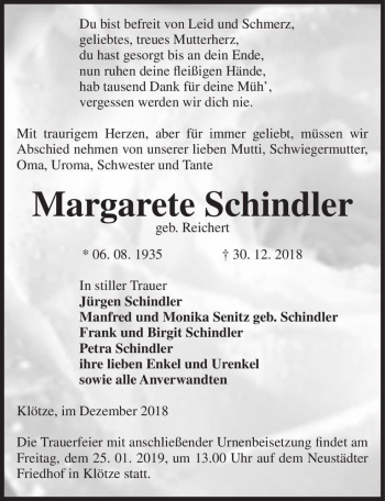 Traueranzeige von Margarete Schindler (geb. Reichert)  von Magdeburger Volksstimme