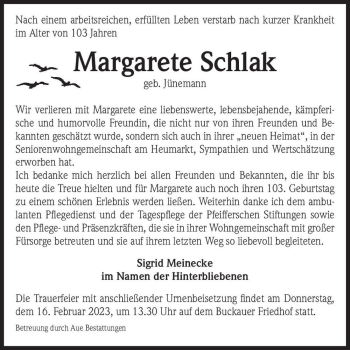 Traueranzeige von Margarete Schlak (geb. Jünemann)  von Magdeburger Volksstimme