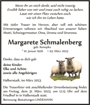 Traueranzeige von Margarete Schmalenberg (geb. Konopka)  von Magdeburger Volksstimme