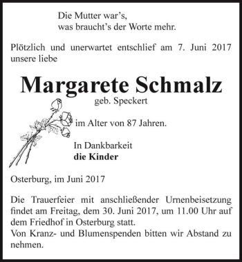 Traueranzeige von Margarete Schmalz (geb. Speckert)  von Magdeburger Volksstimme