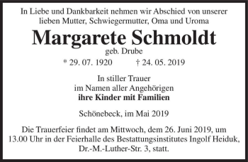 Traueranzeige von Margarete Schmoldt (geb. Drube)  von Magdeburger Volksstimme