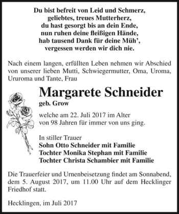 Traueranzeige von Margarete Schneider (geb. Grow)  von Magdeburger Volksstimme