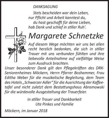 Traueranzeige von Margarete Schnetzke  von Magdeburger Volksstimme