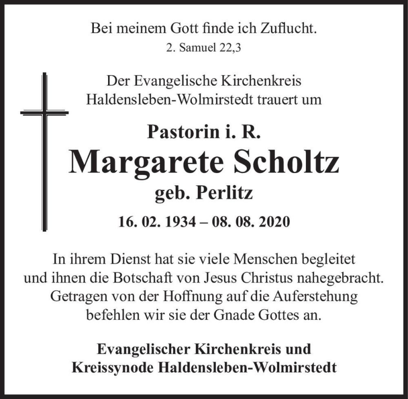  Traueranzeige für Margarete Scholtz (geb. Perlitz)  vom 12.09.2020 aus Magdeburger Volksstimme