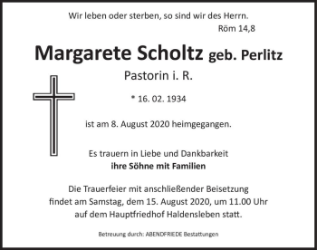 Traueranzeige von Margarete Scholtz (geb. Perlitz)  von Magdeburger Volksstimme