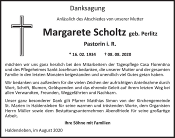 Traueranzeige von Margarete Scholz (geb. Perlitz)  von Magdeburger Volksstimme