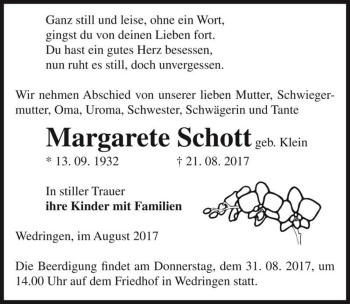 Traueranzeige von Margarete Schott (geb. Klein)  von Magdeburger Volksstimme