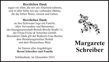 Traueranzeige von Margarete Schreiber  von Magdeburger Volksstimme