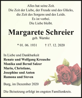 Traueranzeige von Margarete Schreier (geb. Warnke)  von Magdeburger Volksstimme