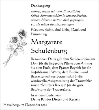 Traueranzeige von Margarete Schulenburg  von Magdeburger Volksstimme