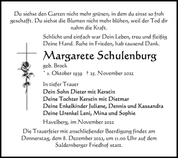 Traueranzeige von Margarete Schulenburg (geb. Brock)  von Magdeburger Volksstimme