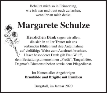 Traueranzeige von Margarete Schulze  von Magdeburger Volksstimme