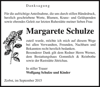 Traueranzeige von Margarete Schulze  von Magdeburger Volksstimme