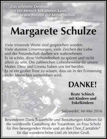 Traueranzeige von Margarete Schulze  von Magdeburger Volksstimme