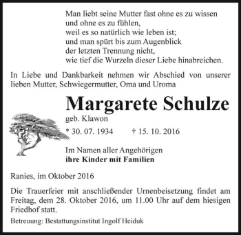 Traueranzeige von Margarete Schulze (geb. Klawon)  von Magdeburger Volksstimme