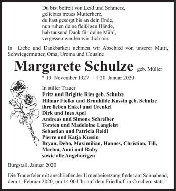 Traueranzeige von Margarete Schulze (geb. Müller)  von Magdeburger Volksstimme