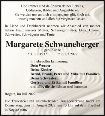Traueranzeige von Margarete Schwaneberger (geb. Kunze)  von Magdeburger Volksstimme