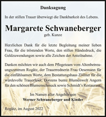 Traueranzeige von Margarete Schwaneberger (geb. Kunze)  von Magdeburger Volksstimme